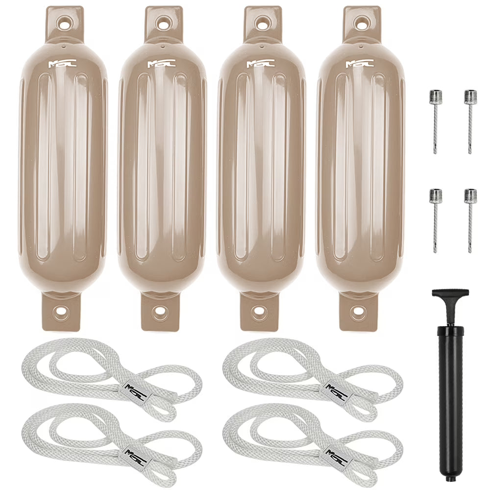 Sand 8.5" x 27" Vinyl Ribbed Boat Fenders with Fender Lines and Inflators Z299842