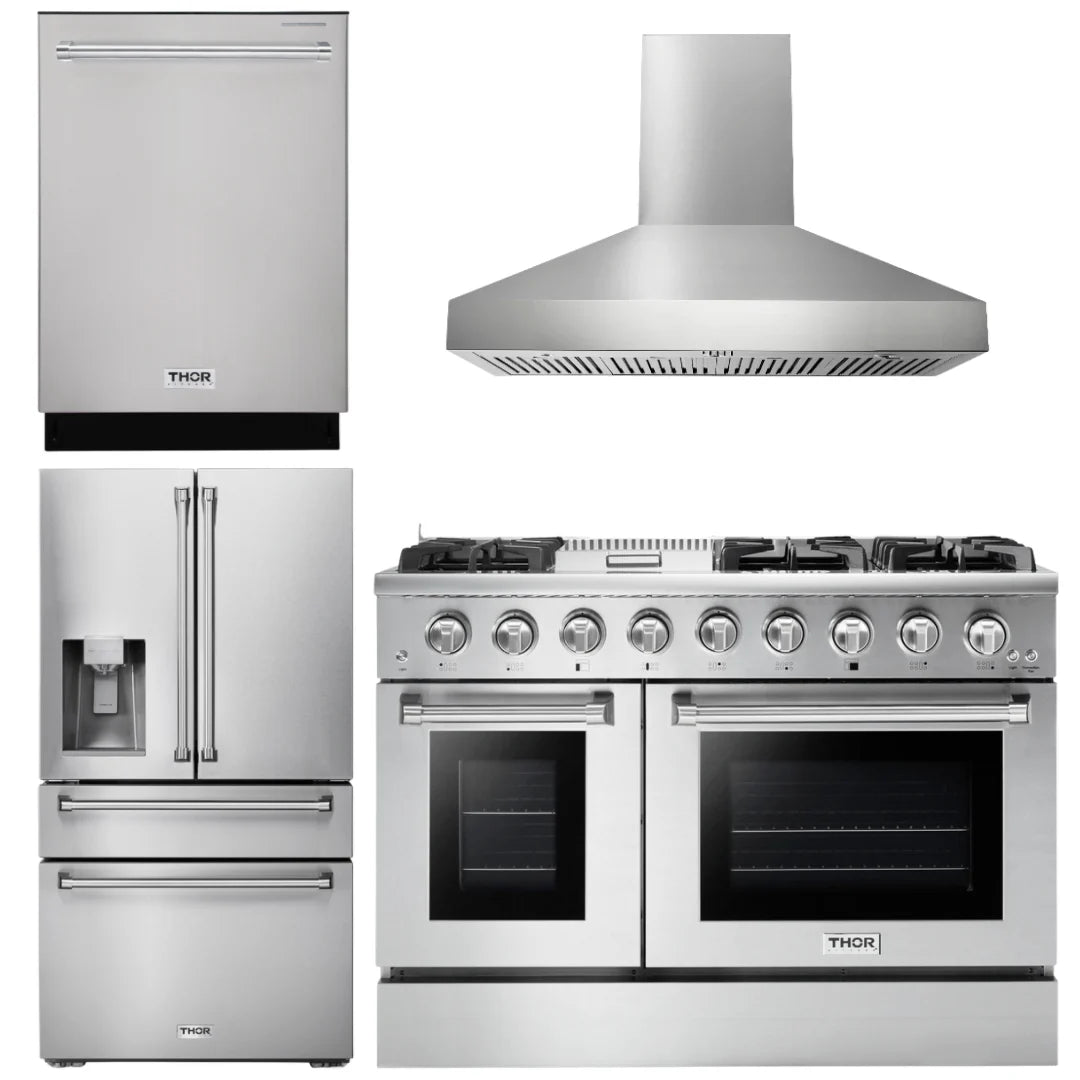 48 Propane Gas Range, Range Hood, Refrigerator with Water and Ice Dispenser, Dishwasher I6121