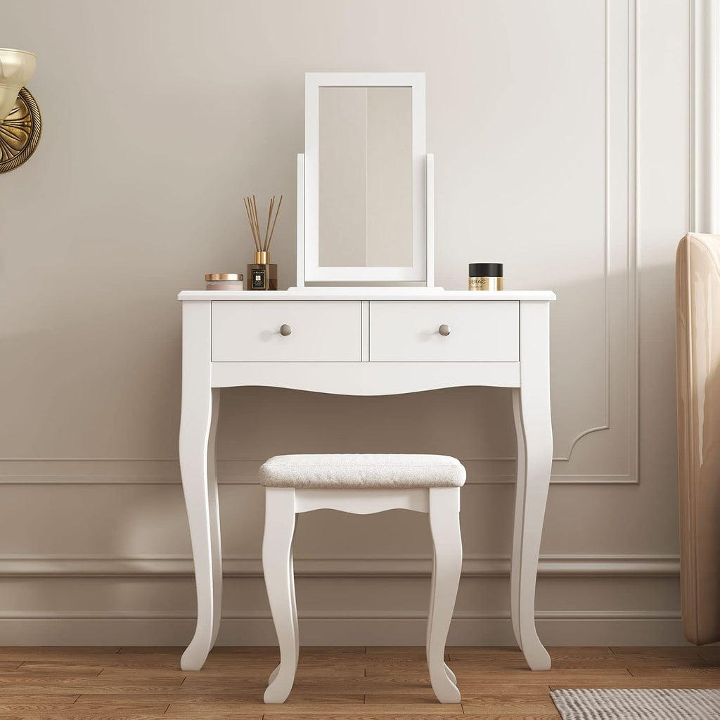 White Wooden Vanity Dressing Table with Mirror and Stool, 2 Drawers K6455