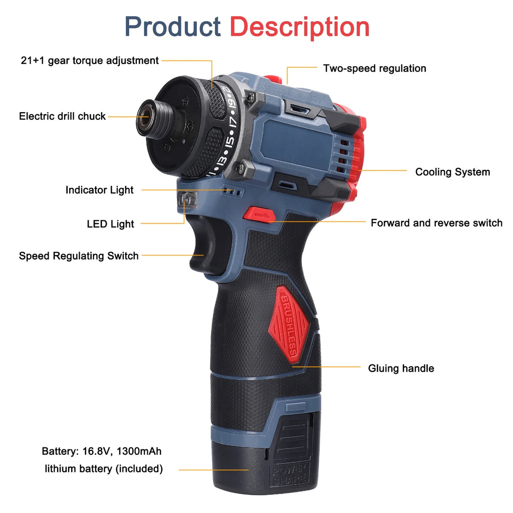 16.8V Brushless Motor Electric Screwdriver 45Nm Torque K39396