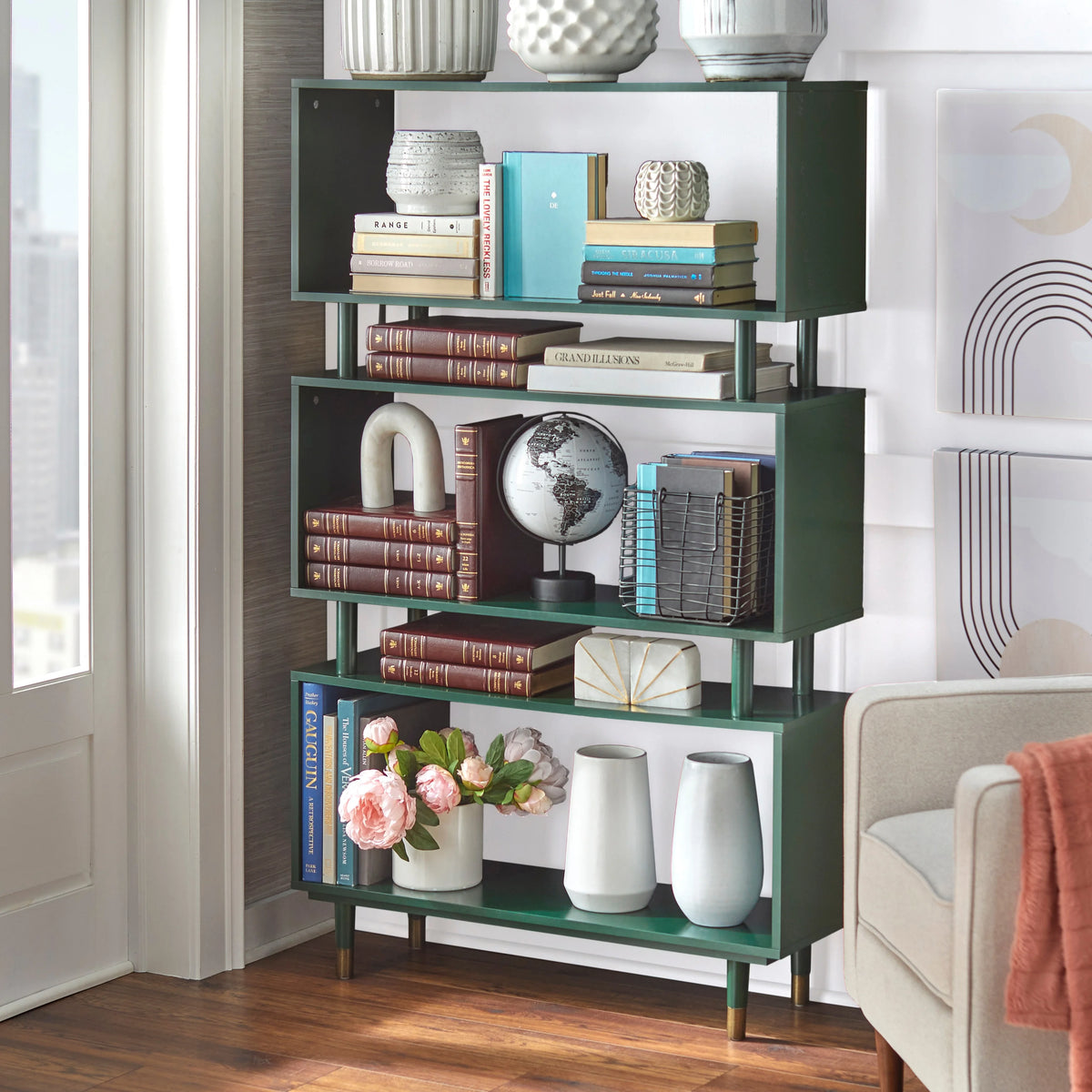 Mid-Century Modern 3-tier Bookshelf Antique Blue J90033