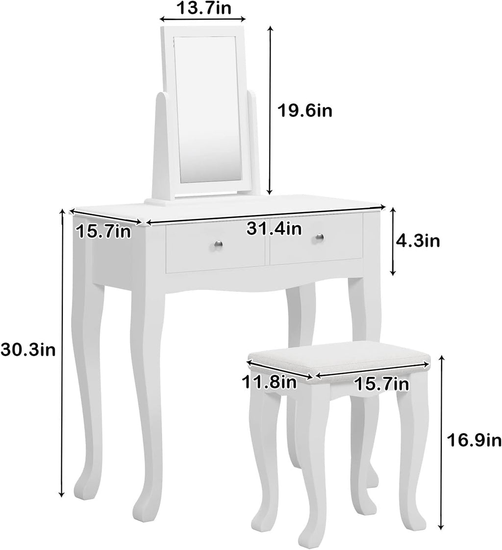 White Wooden Vanity Dressing Table with Mirror and Stool, 2 Drawers K6455