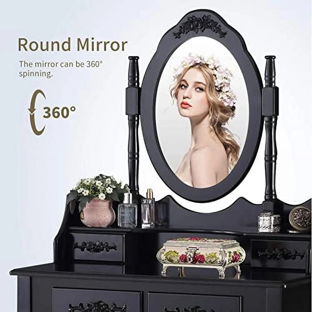 White 4 Drawer Vanity Table Set with Oval Mirror & Stool H346