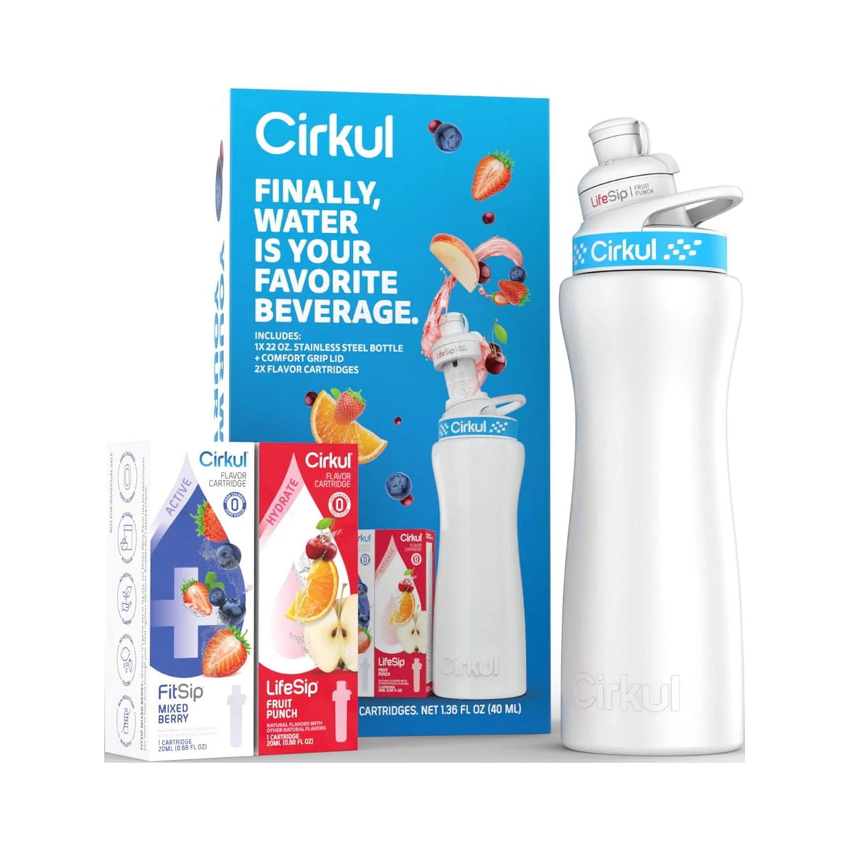 22 oz White Stainless Steel Water Bottle Starter Kit with 2 Flavor Cartridges X55945
