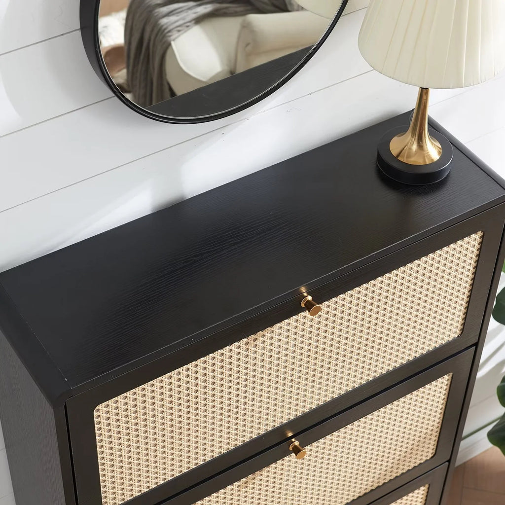 Black 3 Flip Drawer Rattan Shoe Storage Cabinet X52378