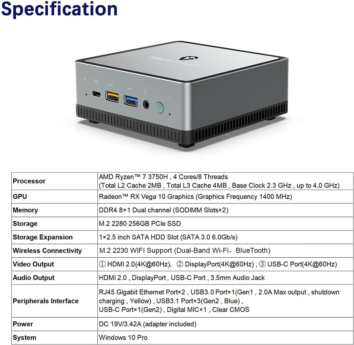 Mini PC AMD Ryzen 7 3750H, 8 GB RAM 256 GB PCIe SSD, Radeon RX Vega 10 Graphics, Dual WiFi BT 5.1, HDMI 2.0, USB-C, 2X RJ45, 4X USB I92946
