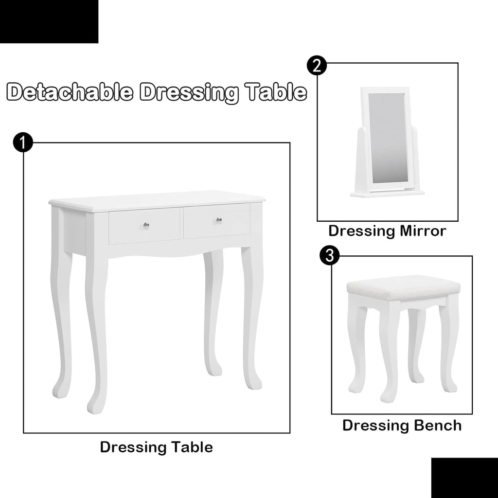 White Wooden Vanity Dressing Table with Mirror and Stool, 2 Drawers K6455