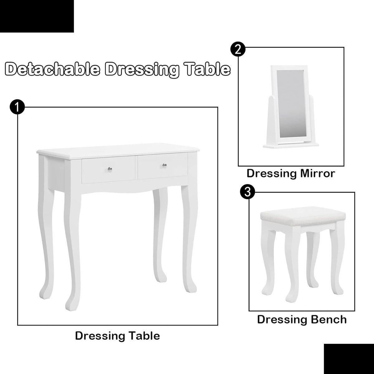 White Wooden Vanity Dressing Table with Mirror and Stool, 2 Drawers K6455