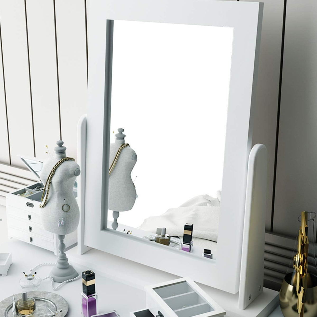 White Wooden Vanity Dressing Table with Mirror and Stool, 2 Drawers K6455