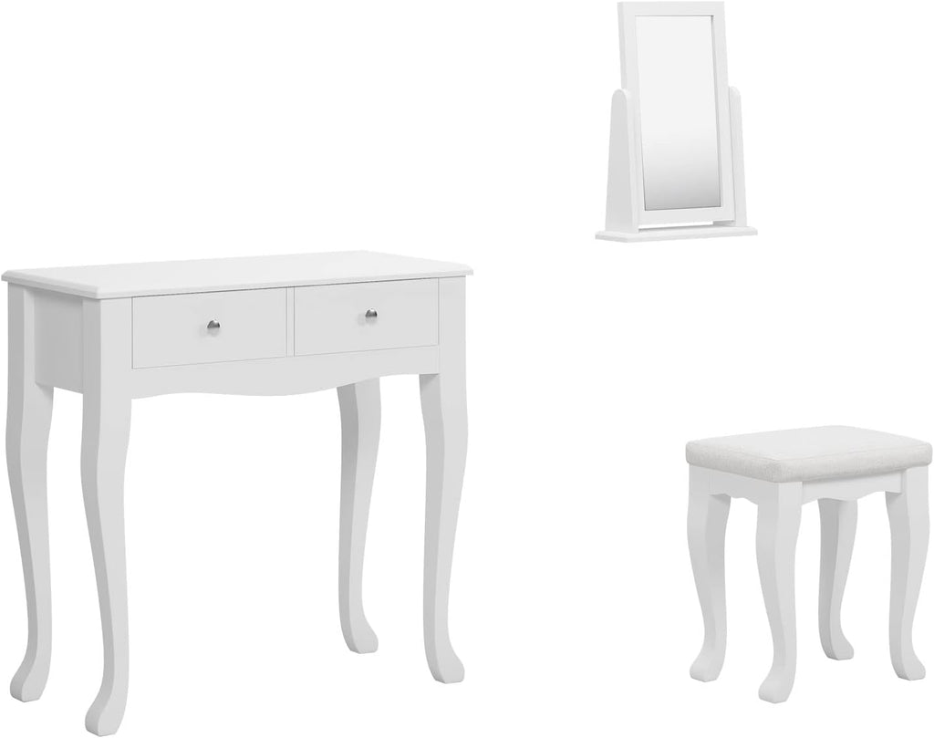 White Wooden Vanity Dressing Table with Mirror and Stool, 2 Drawers K6455