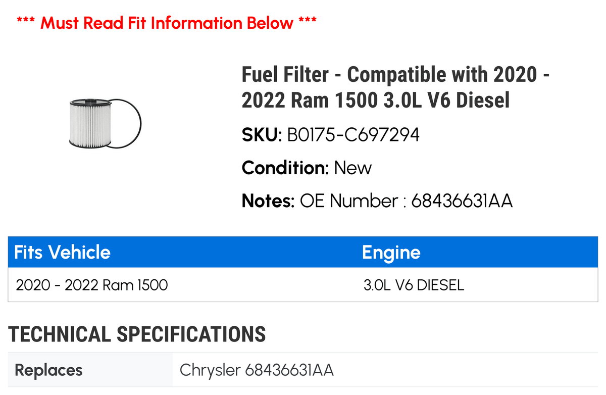Fuel Filter 3.0L V6 Diesel O6056