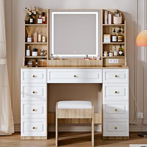White 9 Drawer Glass Top Makeup Vanity Desk with Mirror and Lights I9552