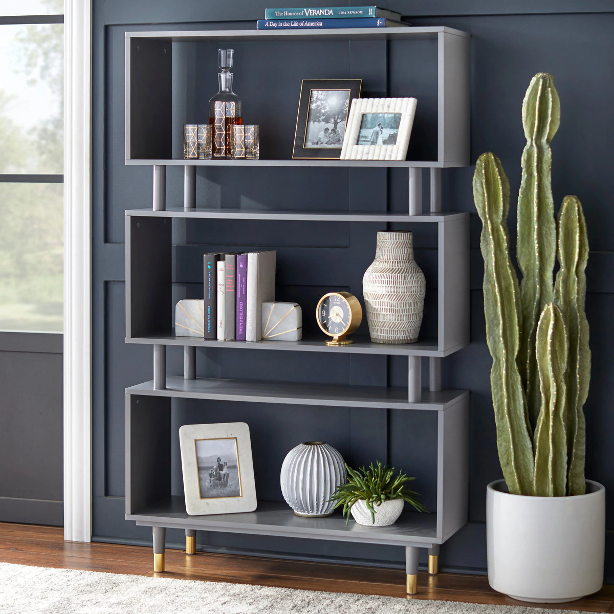 Mid-Century Modern 3-tier Bookshelf Antique Blue J90033