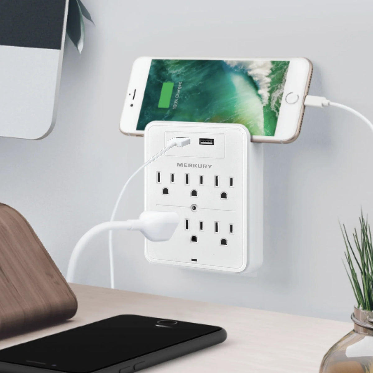 White 6-Outlet USB Wall Charger Extender with Phone Stand U48881