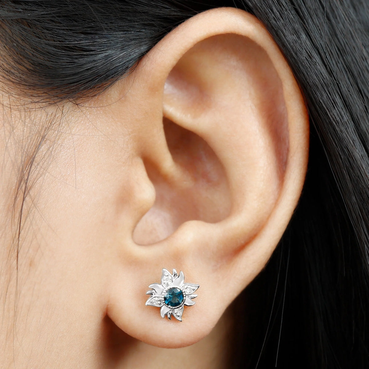 London Blue Topaz Sunburst Stud Earrings with Diamond, 925 Sterling Silver L4263