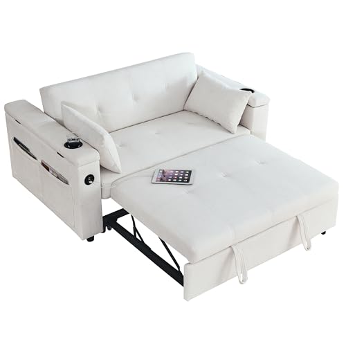 White 54" Chenille 2-Seater Convertible Sofa Bed with USB Power Outlet F529707