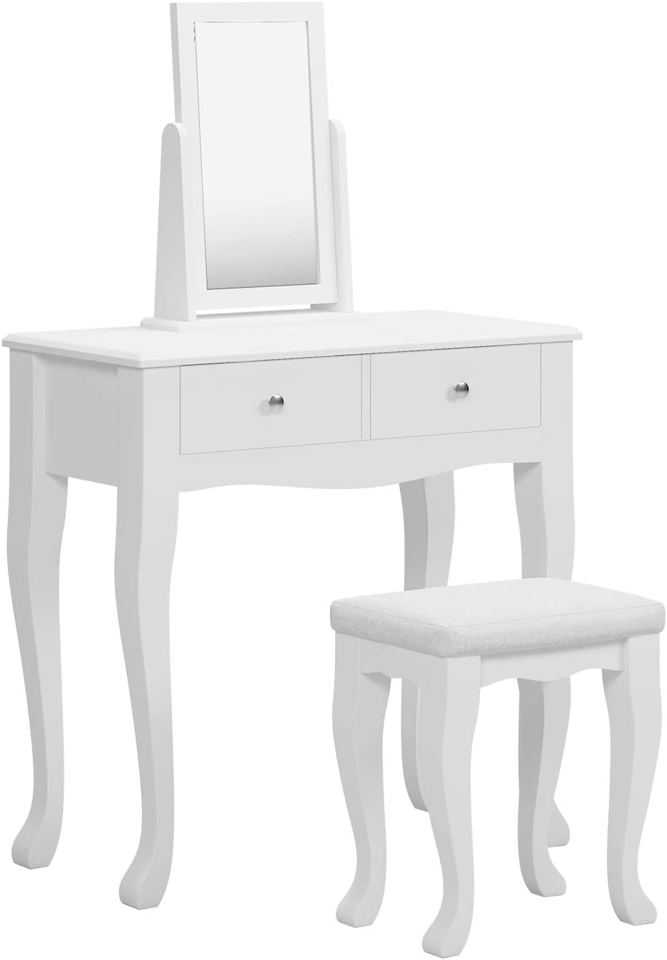 White Wooden Vanity Dressing Table with Mirror and Stool, 2 Drawers K6455