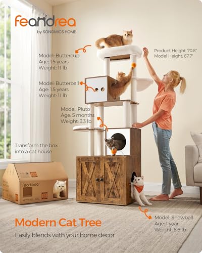 70.8-Inch Tall Cat Tree with Litter Box Enclosure, Scratching Posts, Perch, Caves, Basket, Washable Cushions Z8775