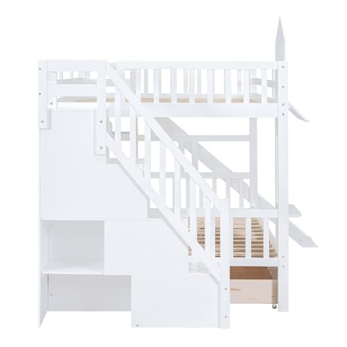 Gray Wood Twin Over Twin Bunk Bed with Stairs and Slide J6061