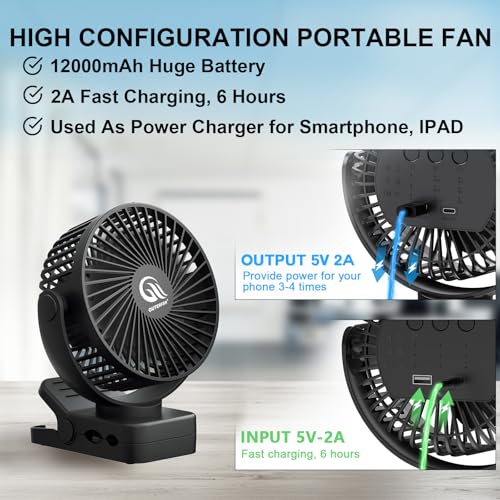 Portable Fan with Remote Control, Timer, LED Lights, 12000mAh USB Rechargeable Battery, Clamp/Hanging/Stand Up J496