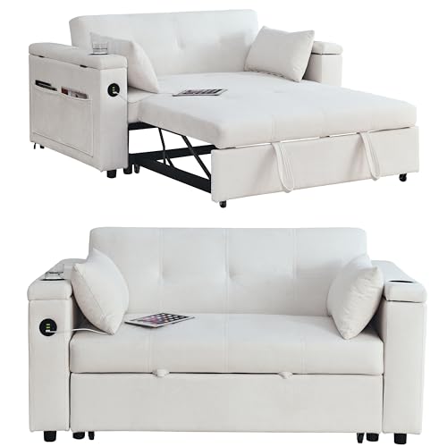 White 54" Chenille 2-Seater Convertible Sofa Bed with USB Power Outlet F529707
