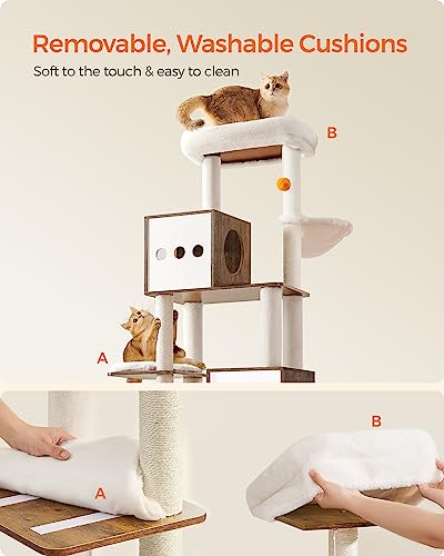 70.8-Inch Tall Cat Tree with Litter Box Enclosure, Scratching Posts, Perch, Caves, Basket, Washable Cushions Z8775
