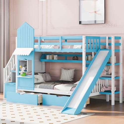Gray Wood Twin Over Twin Bunk Bed with Stairs and Slide J6061