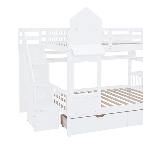 Gray Wood Twin Over Twin Bunk Bed with Stairs and Slide J6061