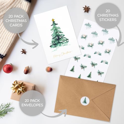 Christmas Cards Set of 20 with Watercolor Designs, Envelopes, Stickers, Storage Box D127644
