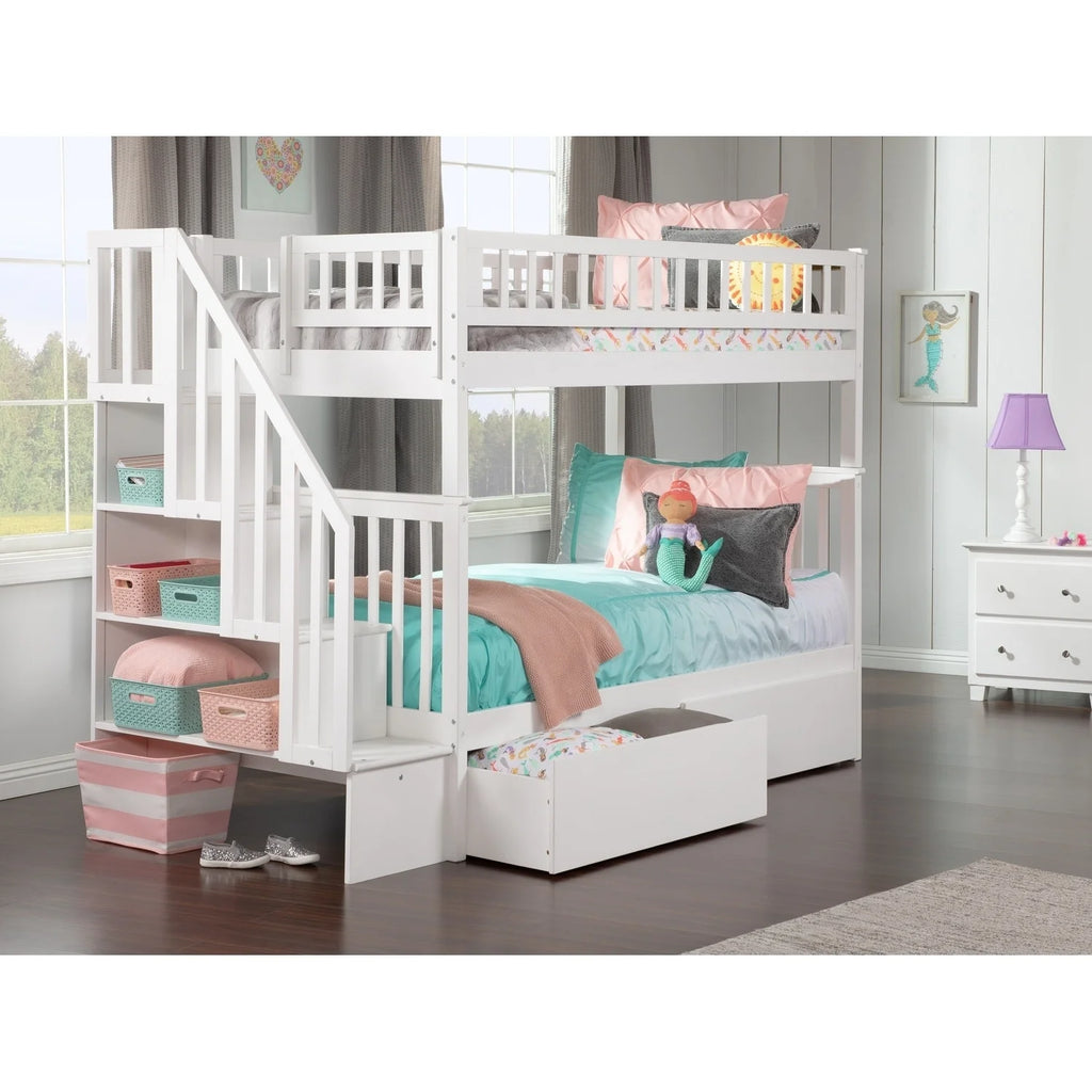 White Twin over Twin Bunk Bed with 2 Bed Drawers U812