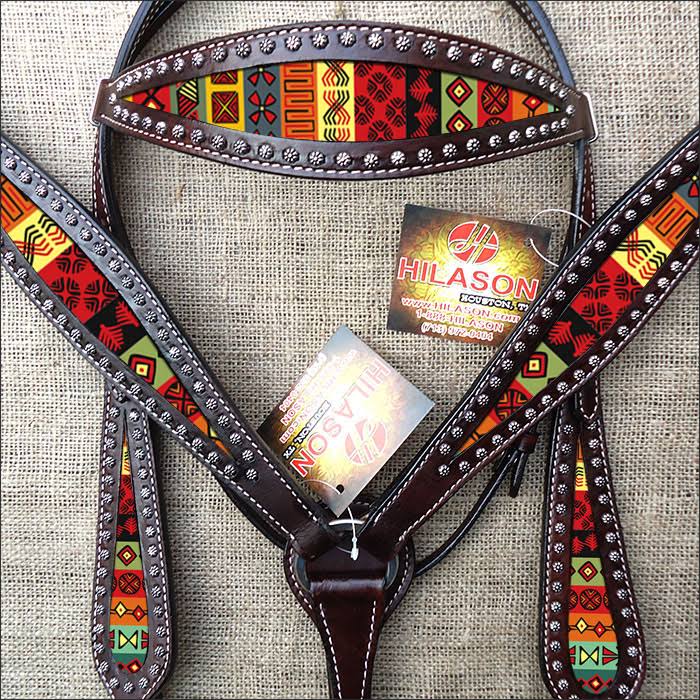 Brown Aztec Inlay Leather Horse Bridle Headstall U372