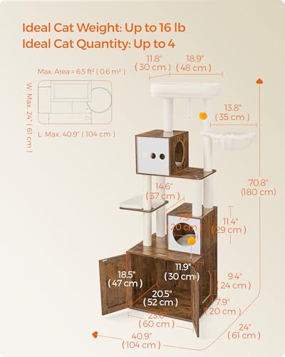 70.8-Inch Tall Cat Tree with Litter Box Enclosure, Scratching Posts, Perch, Caves, Basket, Washable Cushions Z8775