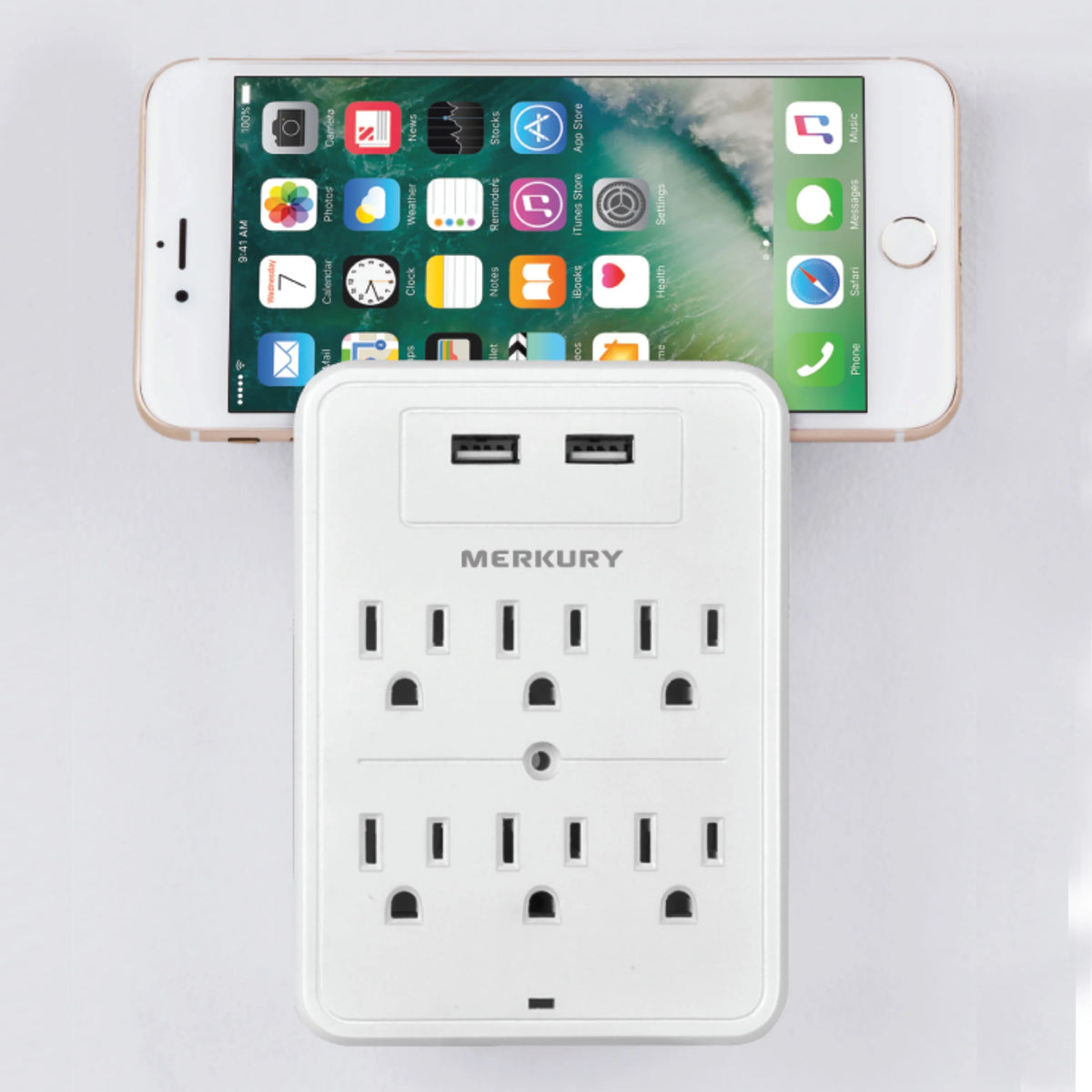 White 6-Outlet USB Wall Charger Extender with Phone Stand U48881