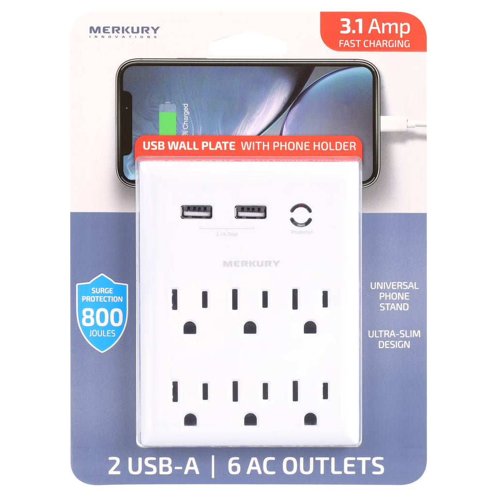 White 6-Outlet USB Wall Charger Extender with Phone Stand U48881