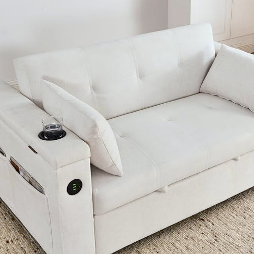 White 54" Chenille 2-Seater Convertible Sofa Bed with USB Power Outlet F529707