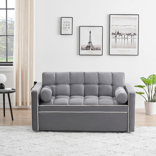 3 in 1 Sleeper Sofa Pull Out Bed, Velvet Convertible SofaBed, 55" Loveseat with Adjustable Backrest, Gray L426