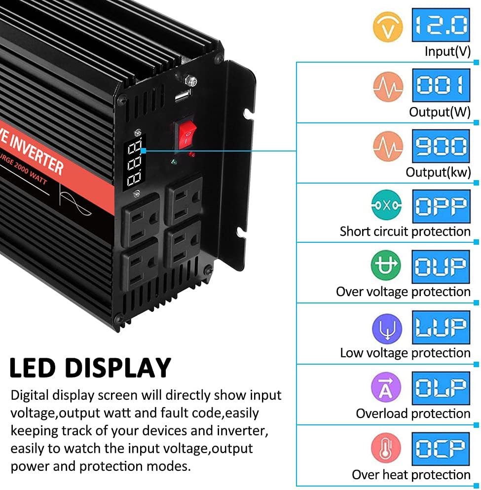 1000 Watt Pure Sine Wave Inverter 12v DC to 110/120v AC I423