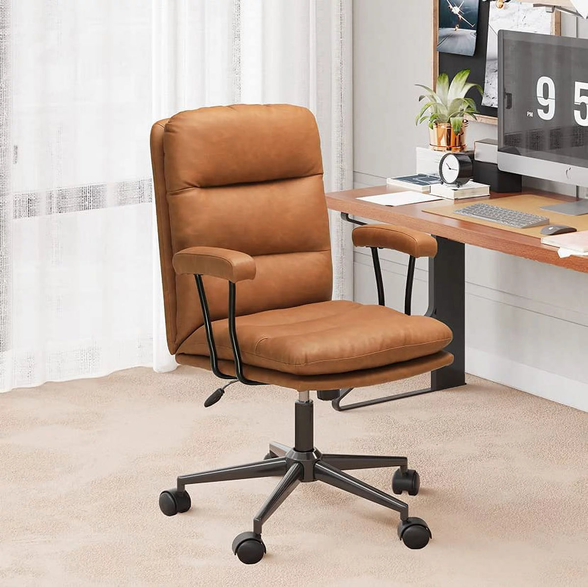 Leather Office Chair Brown with Arms Adjustable Back 400lbs X3962