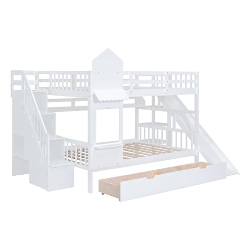 Gray Wood Twin Over Twin Bunk Bed with Stairs and Slide J6061