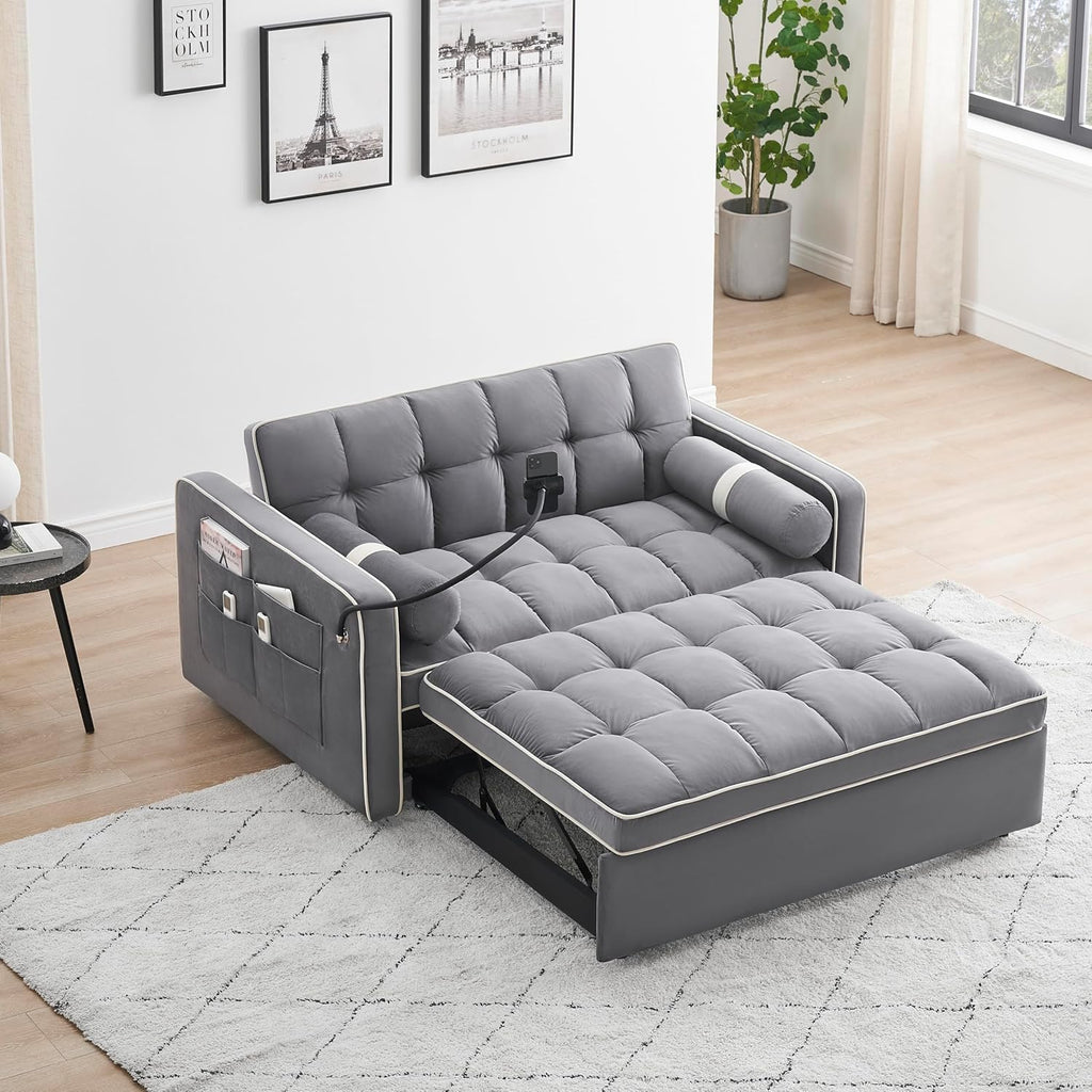 3 in 1 Sleeper Sofa Pull Out Bed, Velvet Convertible SofaBed, 55" Loveseat with Adjustable Backrest, Gray L426