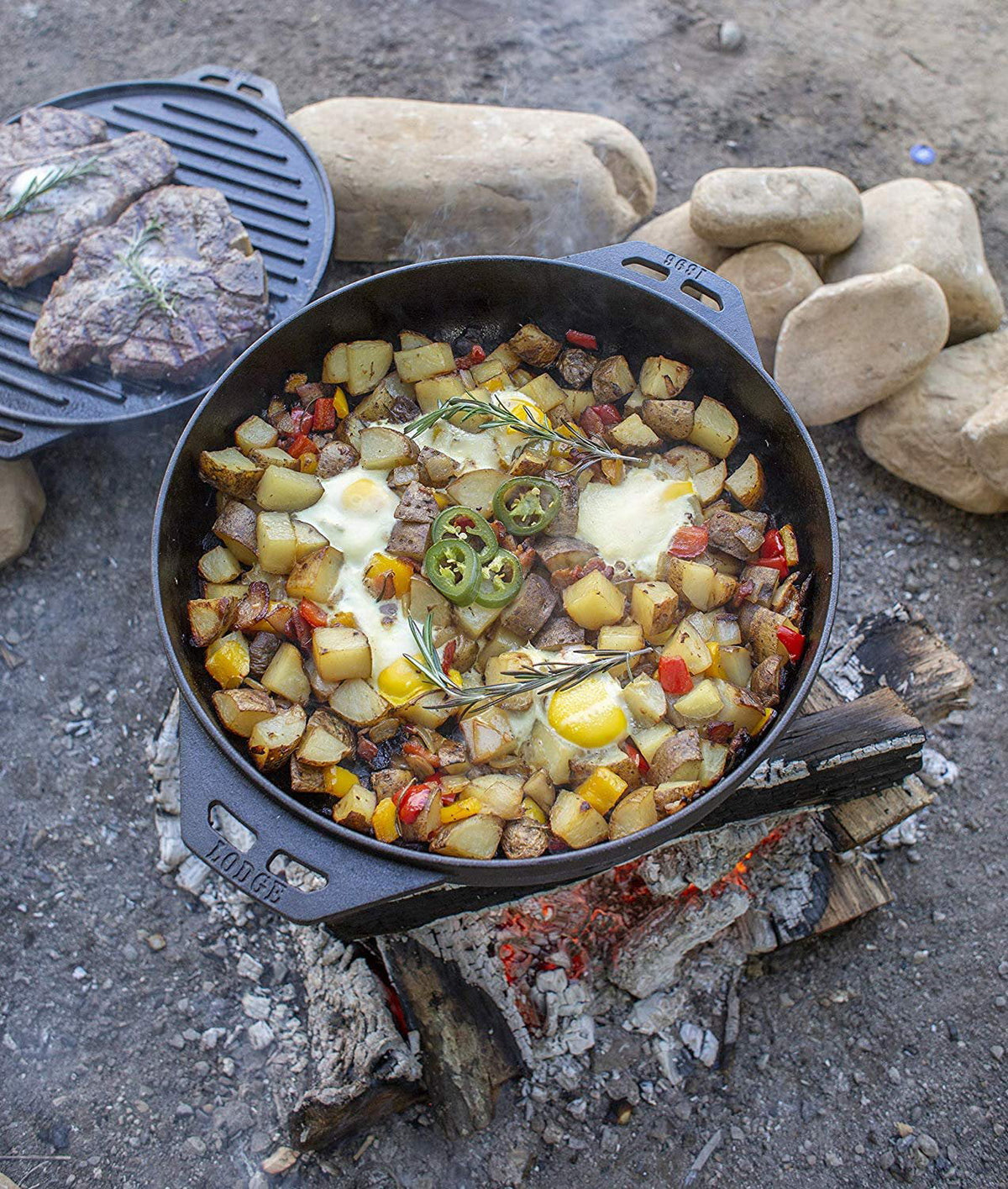 Five-Piece Cast Iron Set with Reversible Grill/Griddle 14 Inch and 6.8 Quart Bottom/Wok I21674