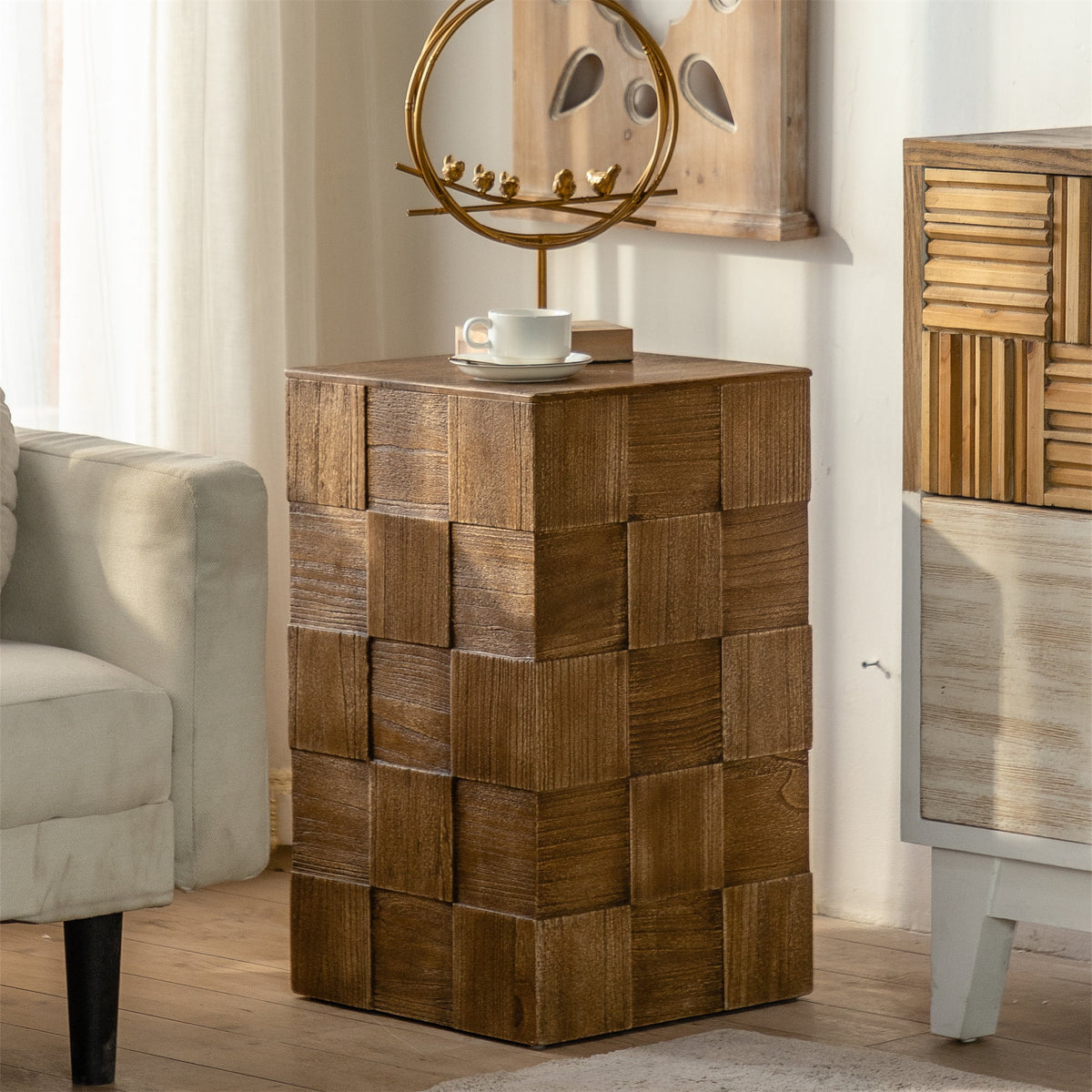 Vintage Solid Wood Square End Table with Storage T6440