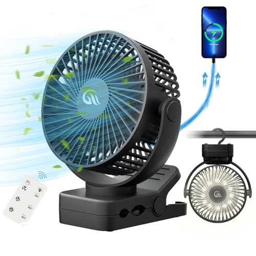Portable Fan with Remote Control, Timer, LED Lights, 12000mAh USB Rechargeable Battery, Clamp/Hanging/Stand Up J496
