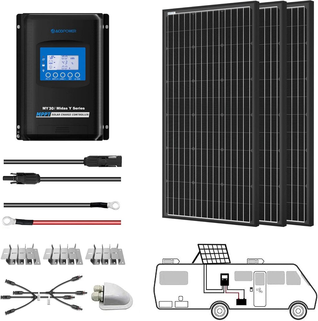 300 Watt Monocrystalline Solar Panel Kit with 30A MPPT LCD Charge Controller Y88393