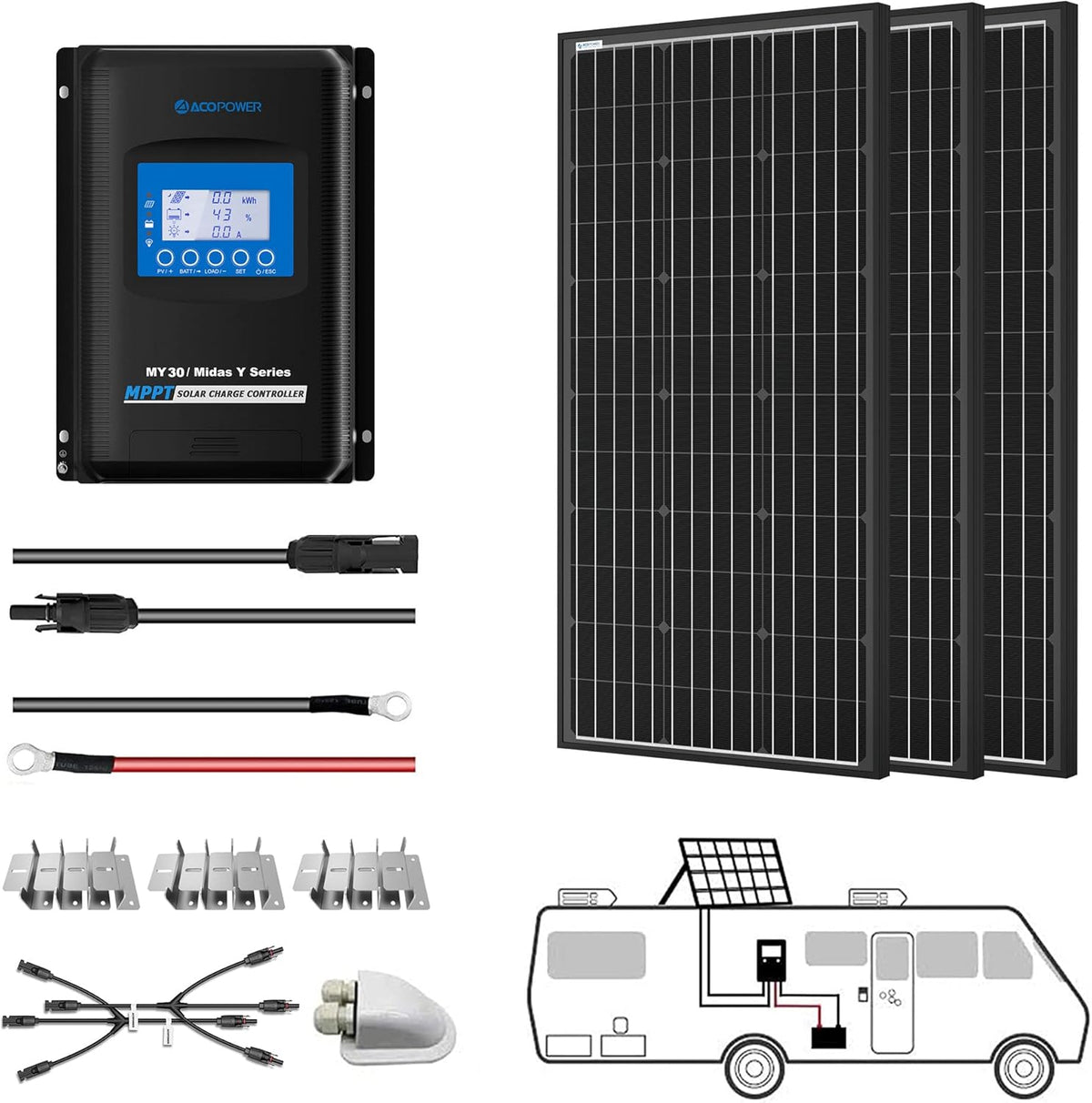 300 Watt Monocrystalline Solar Panel Kit with 30A MPPT LCD Charge Controller Y88393