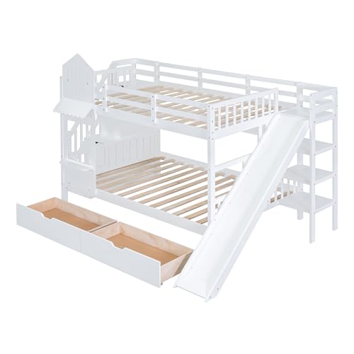 Gray Wood Twin Over Twin Bunk Bed with Stairs and Slide J6061