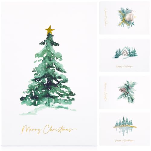 Christmas Cards Set of 20 with Watercolor Designs, Envelopes, Stickers, Storage Box D127644