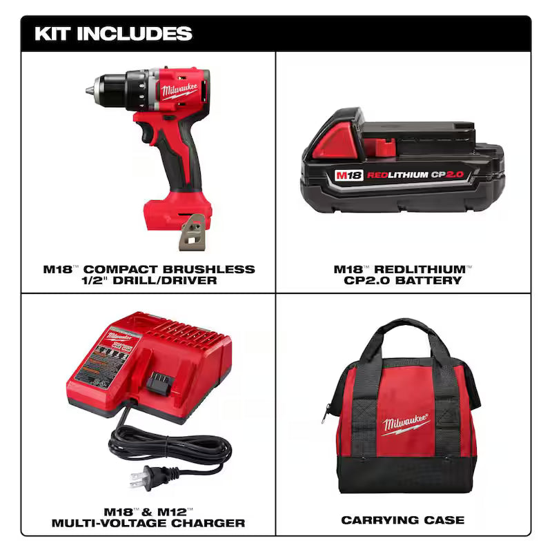 18V Lithium-Ion Brushless Cordless Compact Drill/Driver with Battery, Charger & Bag D491