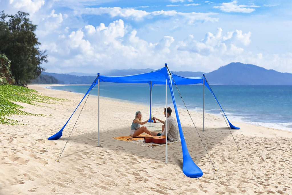 Beach Tent, Pop Up Portable Canopy Set, UPF 50+ Sunshade with Carry Bag, Aluminum Poles, Sands Shovel, and Pegs (10x10 FT Blue) A209