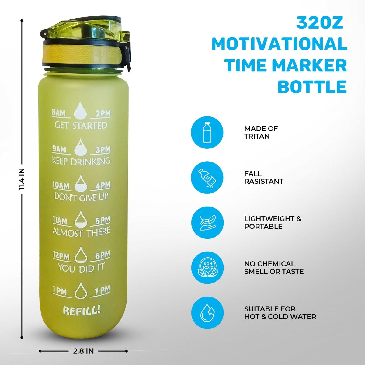 32 Oz Green Motivational Drinking Water Bottle With Time Marker D472